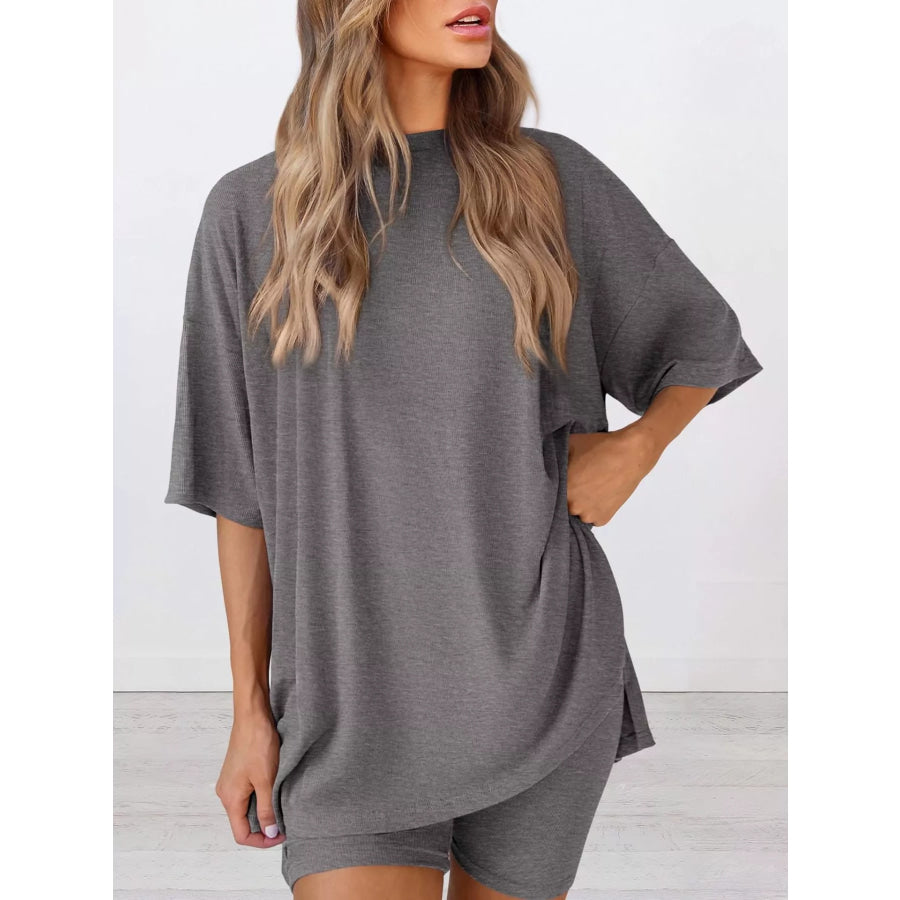 Full Size Relaxed Fit Round Neck Top and Shorts Two-Piece Set Plus Size Dark Gray / XS Apparel and Accessories