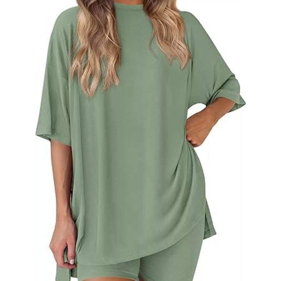 Full Size Relaxed Fit Round Neck Top and Shorts Two-Piece Set Plus Size Matcha Green / XS Apparel and Accessories