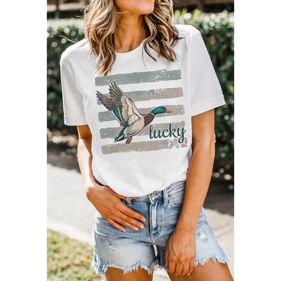 Full Size Retro Mallard Striped Print Casual Short Sleeve T Shirt Plus Apparel and Accessories