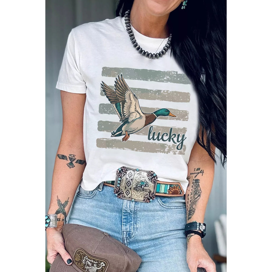 Full Size Retro Mallard Striped Print Casual Short Sleeve T Shirt Plus Apparel and Accessories