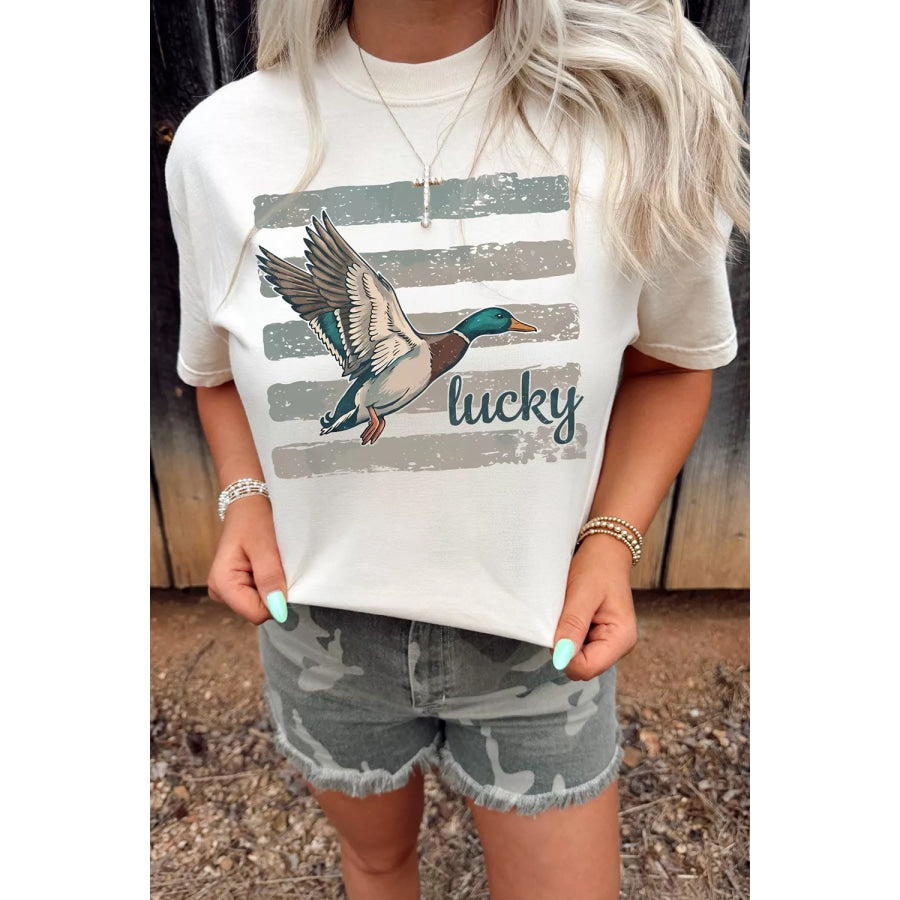 Full Size Retro Mallard Striped Print Casual Short Sleeve T Shirt Plus Apparel and Accessories