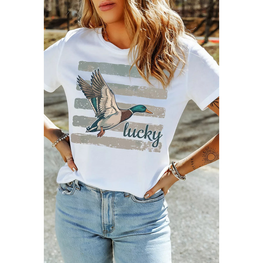 Full Size Retro Mallard Striped Print Casual Short Sleeve T Shirt Plus Apparel and Accessories