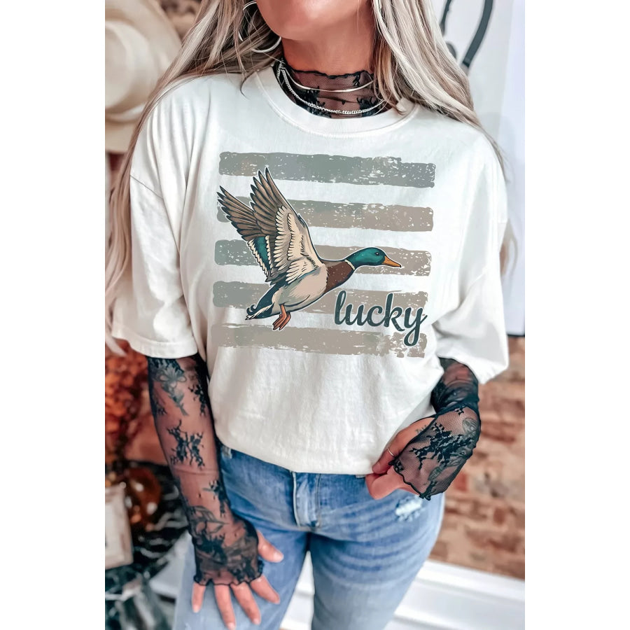 Full Size Retro Mallard Striped Print Casual Short Sleeve T Shirt Plus Apparel and Accessories