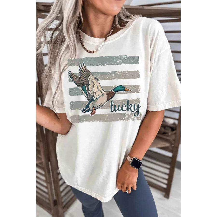 Full Size Retro Mallard Striped Print Casual Short Sleeve T Shirt Plus White / S Apparel and Accessories