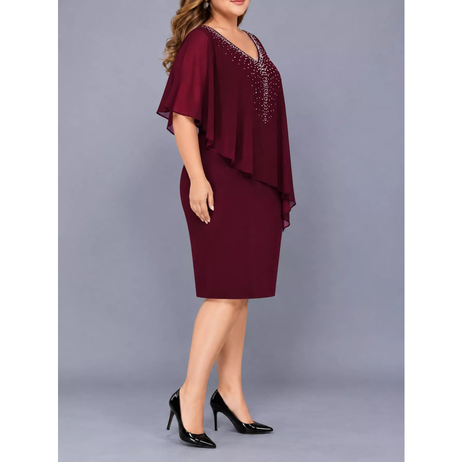 Full Size Rhinestone Embellishments Chiffon Overlay Dress Plus Burgundy / S Apparel and Accessories