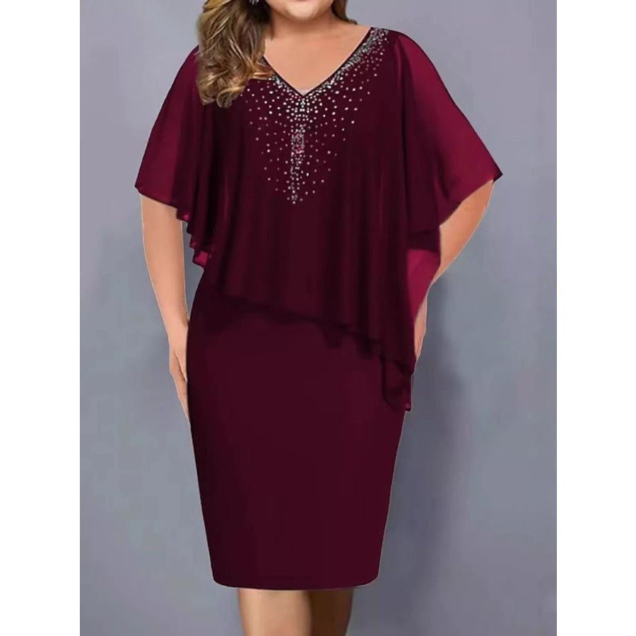 Full Size Rhinestone Embellishments Chiffon Overlay Dress Plus Burgundy / S Apparel and Accessories