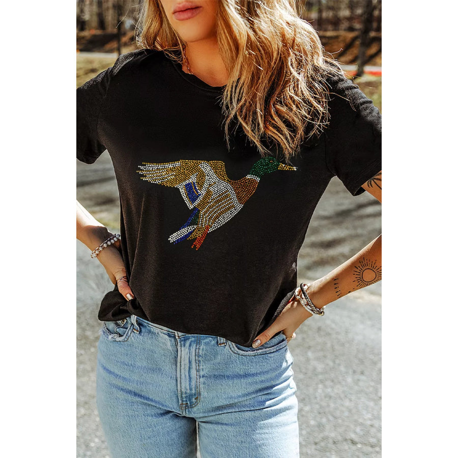 Full Size Rhinestone Flying Mallard Casual Round Neck T Shirt Plus Black / S Apparel and Accessories