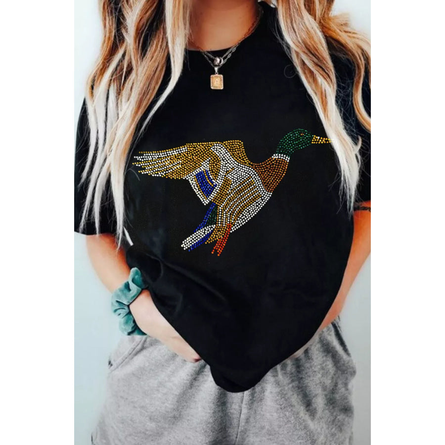 Full Size Rhinestone Flying Mallard Casual Round Neck T Shirt Plus Apparel and Accessories