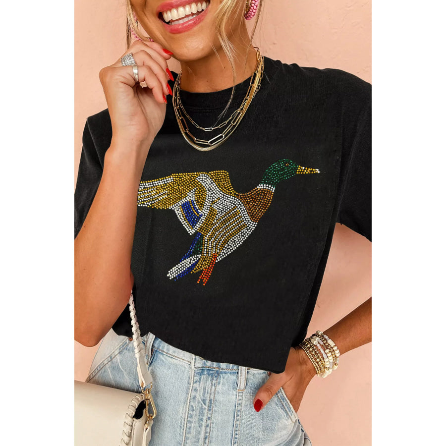 Full Size Rhinestone Flying Mallard Casual Round Neck T Shirt Plus Apparel and Accessories
