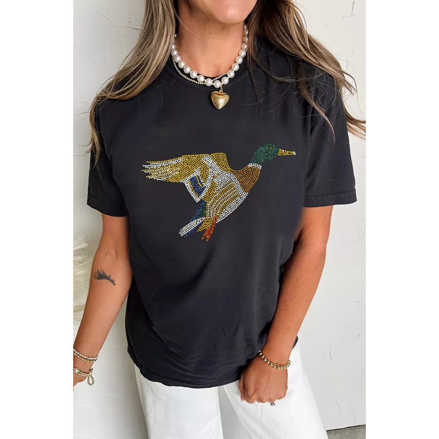 Full Size Rhinestone Flying Mallard Casual Round Neck T Shirt Plus Apparel and Accessories