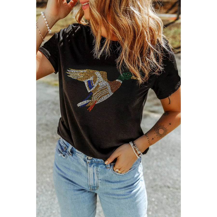 Full Size Rhinestone Flying Mallard Casual Round Neck T Shirt Plus Black / S Apparel and Accessories