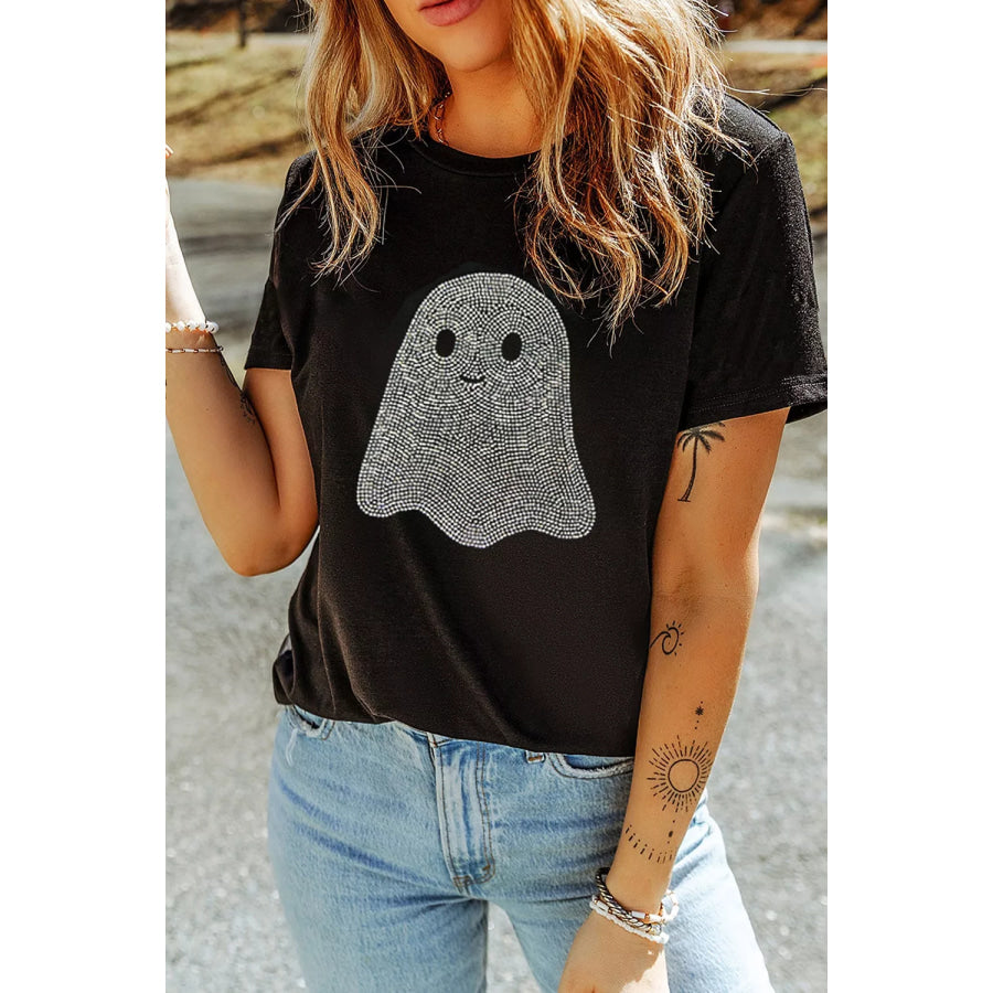 Full Size Rhinestone Ghost Round Neck T-Shirt Plus Apparel and Accessories