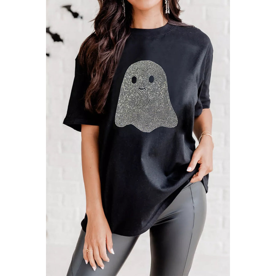 Full Size Rhinestone Ghost Round Neck T-Shirt Plus Black / S Apparel and Accessories