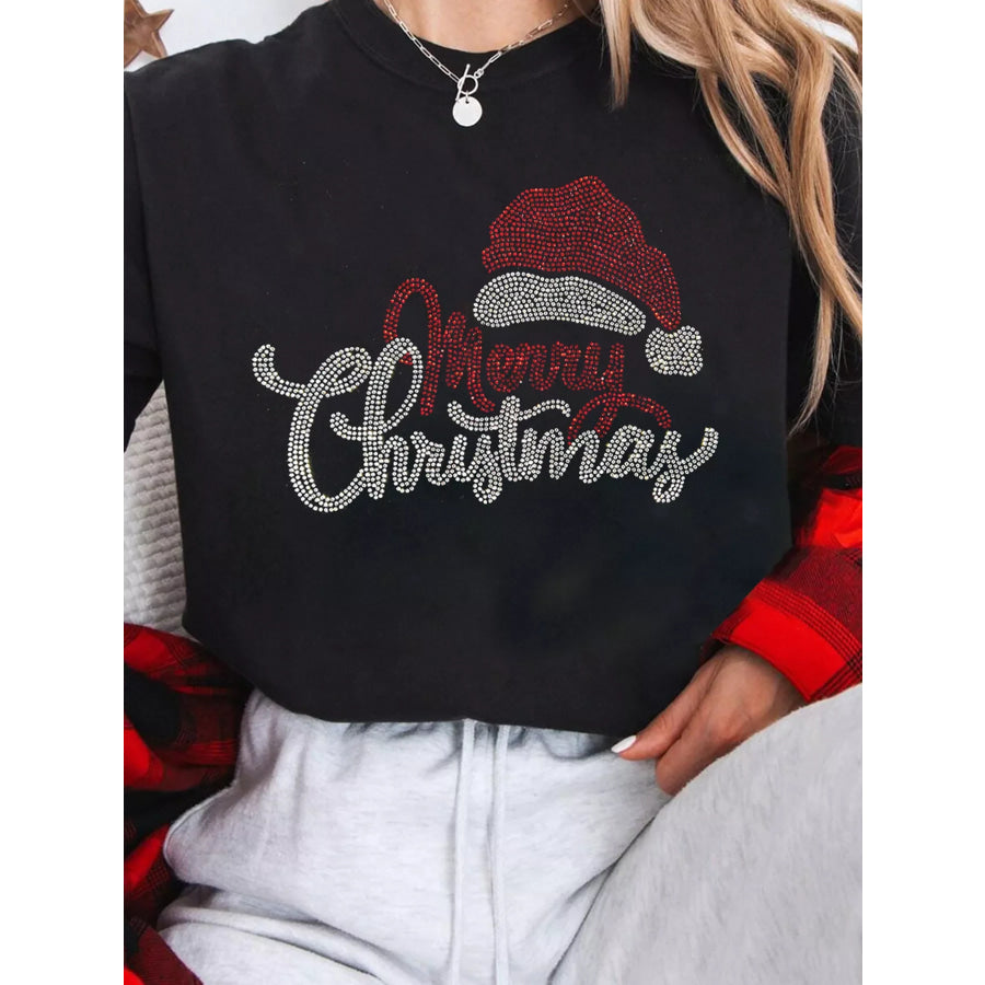Full Size Rhinestone Merry Christmas Slogan Crew Neck T-Shirt Plus Apparel and Accessories