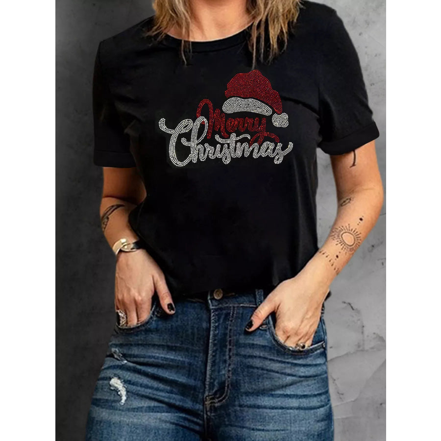 Full Size Rhinestone Merry Christmas Slogan Crew Neck T-Shirt Plus Apparel and Accessories