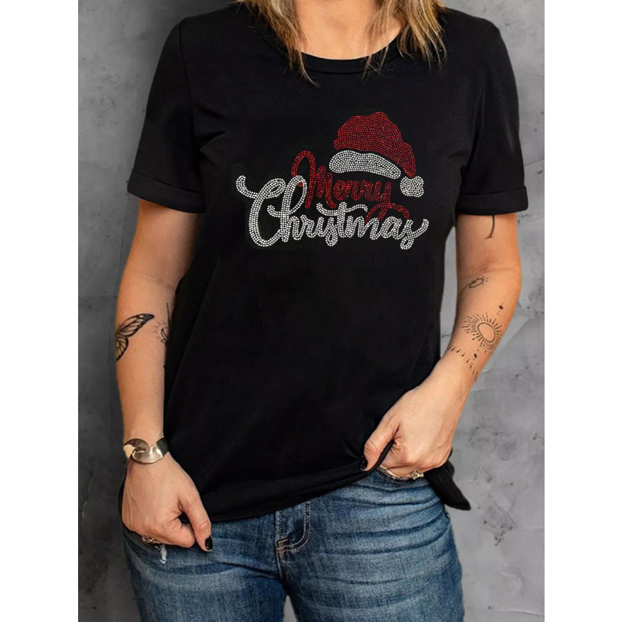 Full Size Rhinestone Merry Christmas Slogan Crew Neck T-Shirt Plus Black / S Apparel and Accessories