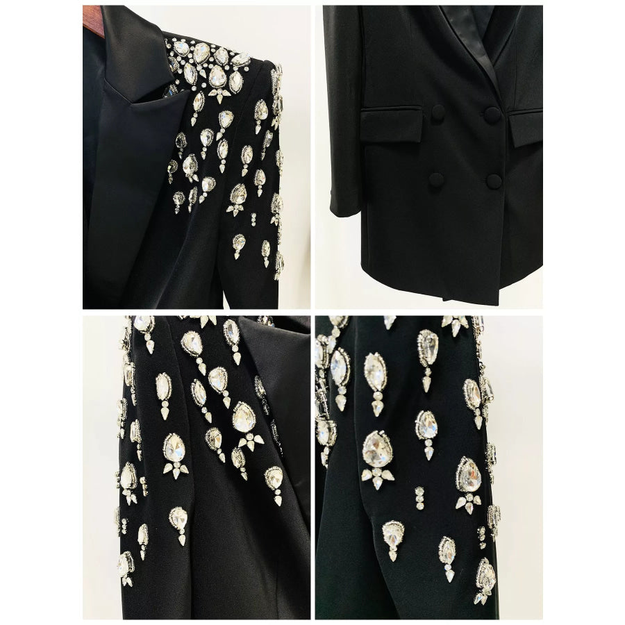 Full Size Rhinestone Shoulder Double-Breasted Blazer Plus Apparel and Accessories