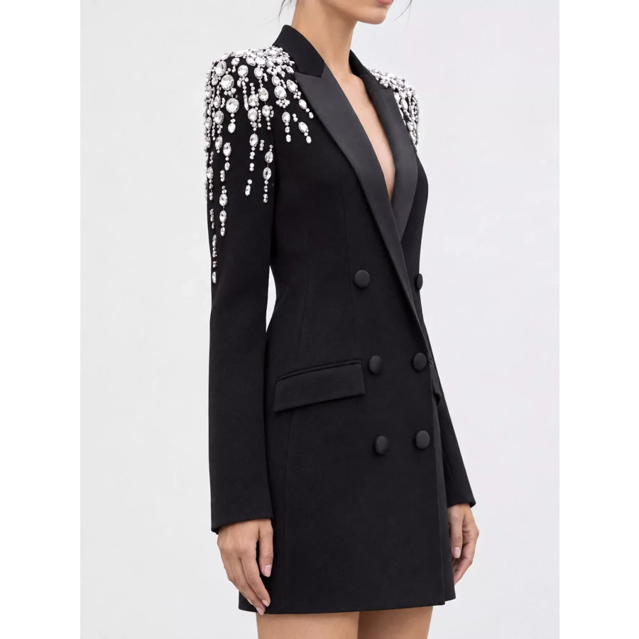 Full Size Rhinestone Shoulder Double-Breasted Blazer Plus Apparel and Accessories