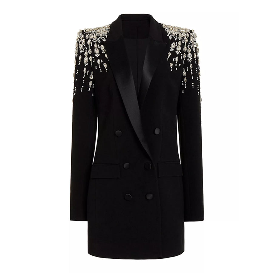 Full Size Rhinestone Shoulder Double-Breasted Blazer Plus Apparel and Accessories