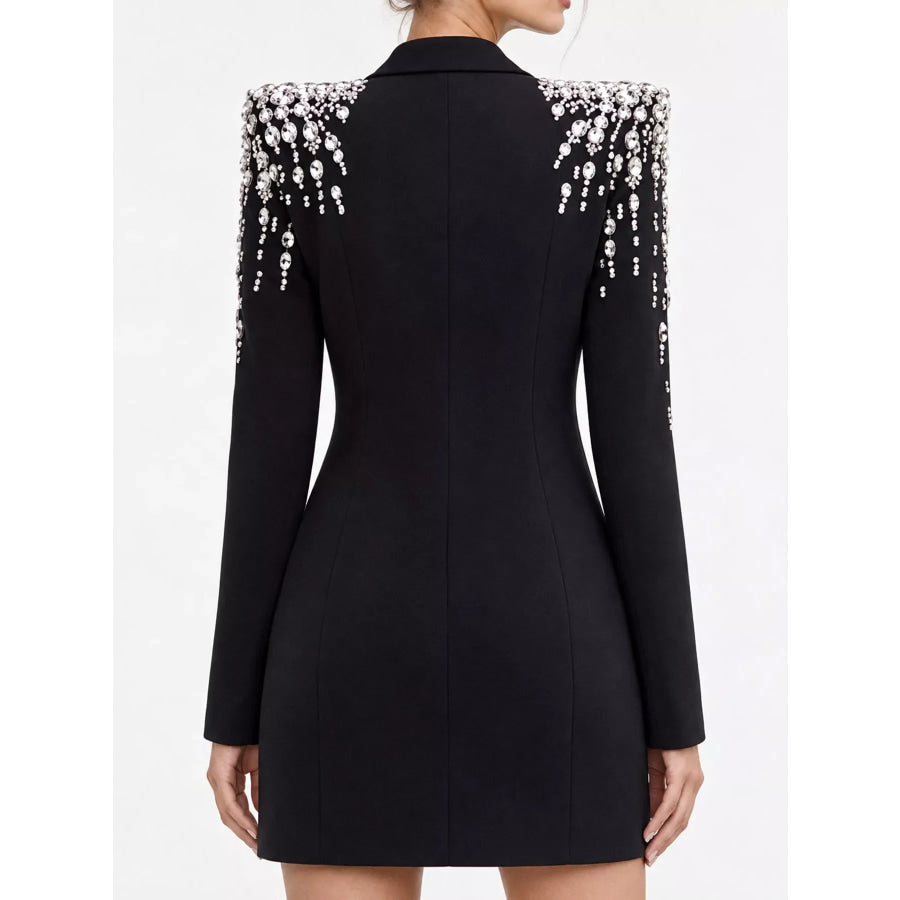 Full Size Rhinestone Shoulder Double-Breasted Blazer Plus Apparel and Accessories