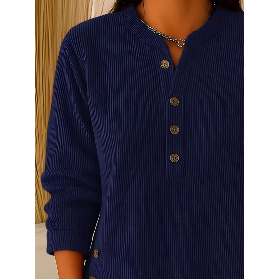 Full Size Ribbed Half Button Henley Top Plus Size Apparel and Accessories