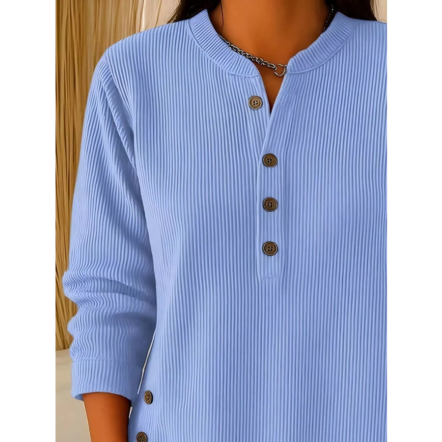 Full Size Ribbed Half Button Henley Top Plus Size Apparel and Accessories