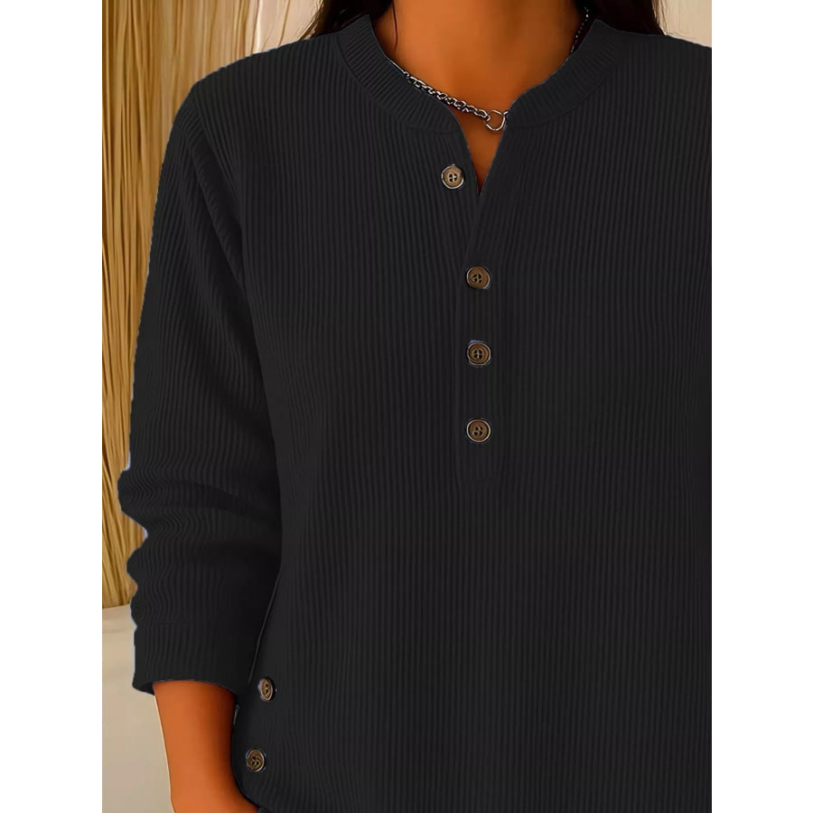 Full Size Ribbed Half Button Henley Top Plus Size Apparel and Accessories