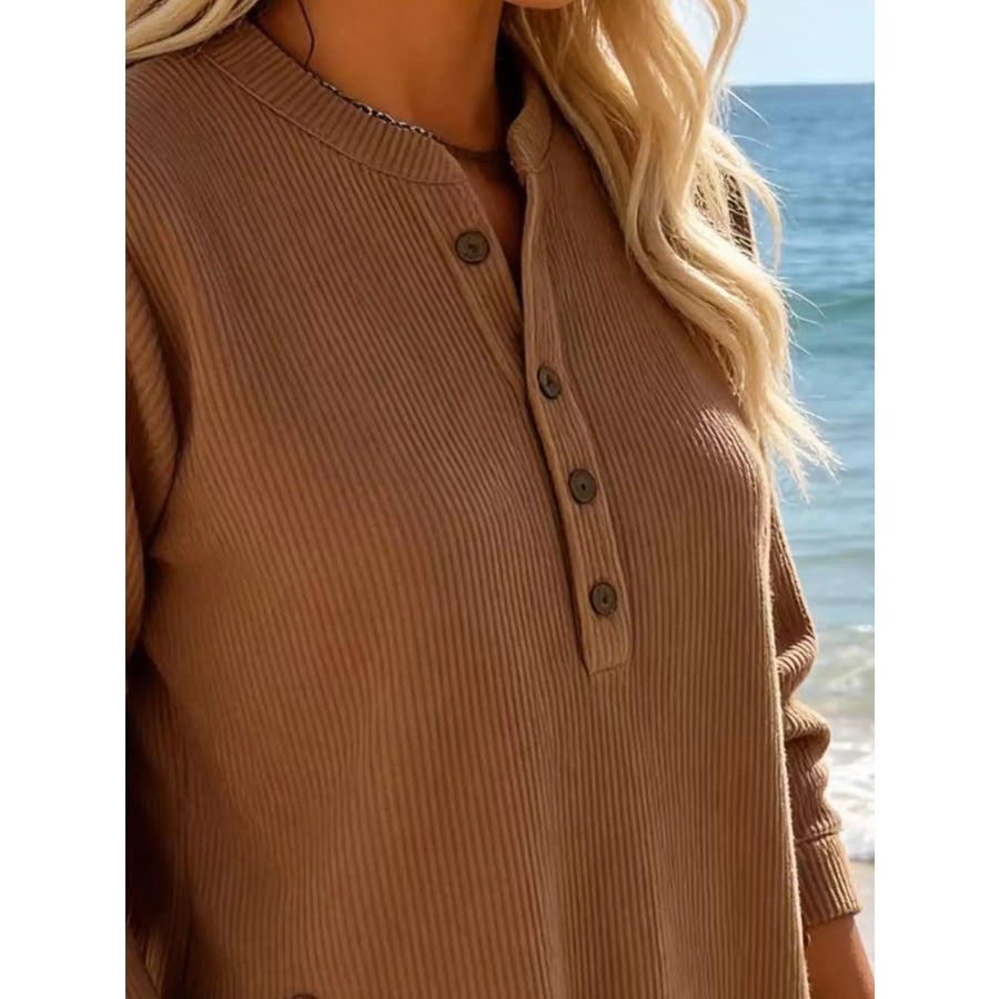 Full Size Ribbed Half Button Henley Top Plus Size Apparel and Accessories