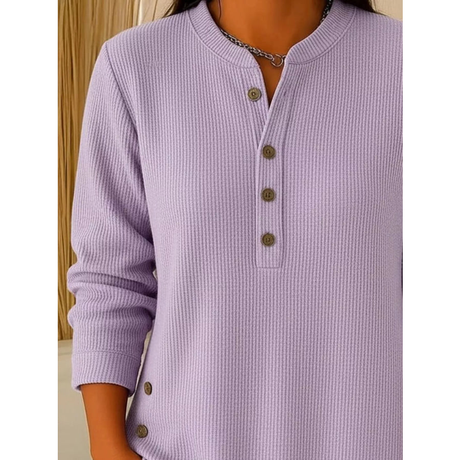 Full Size Ribbed Half Button Henley Top Plus Size Apparel and Accessories