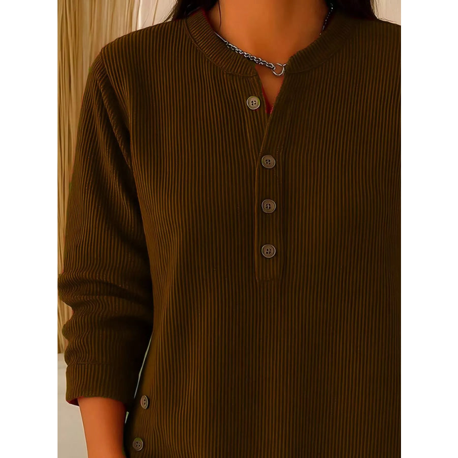 Full Size Ribbed Half Button Henley Top Plus Size Apparel and Accessories