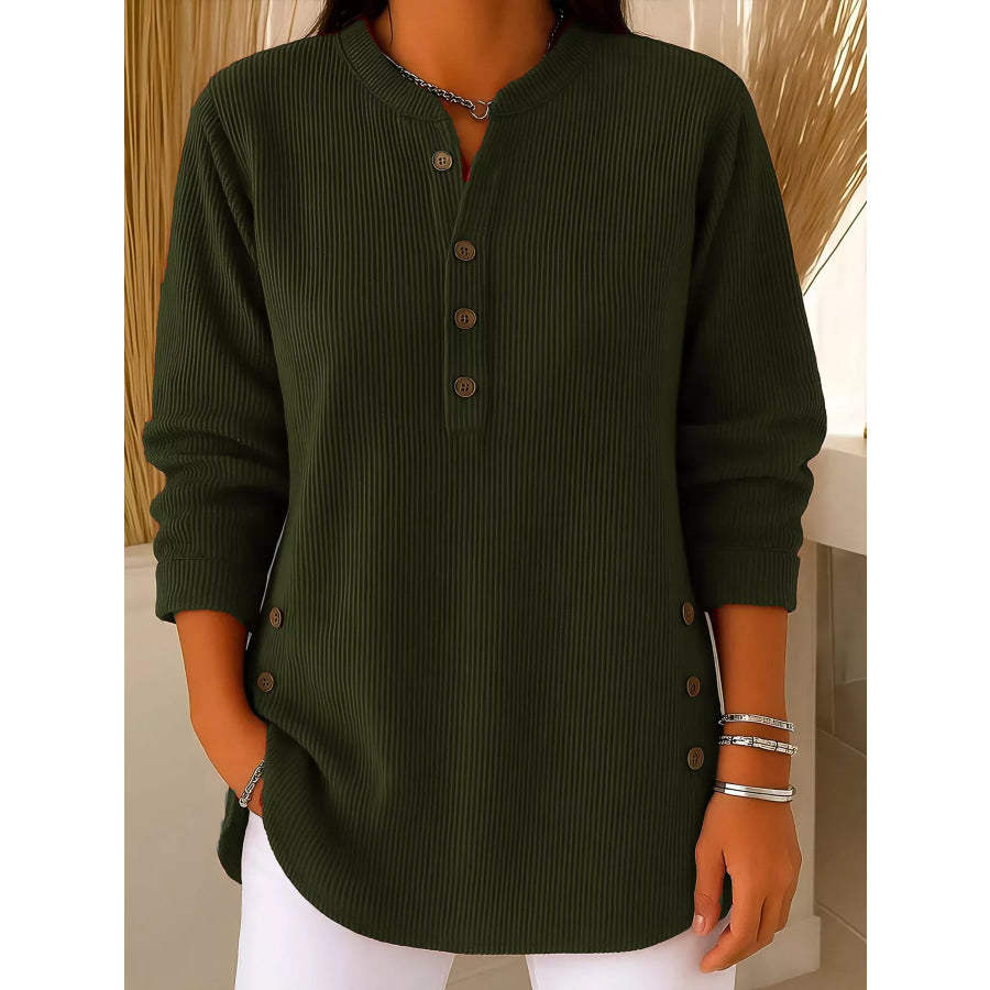 Full Size Ribbed Half Button Henley Top Plus Size Army Green / S Apparel and Accessories