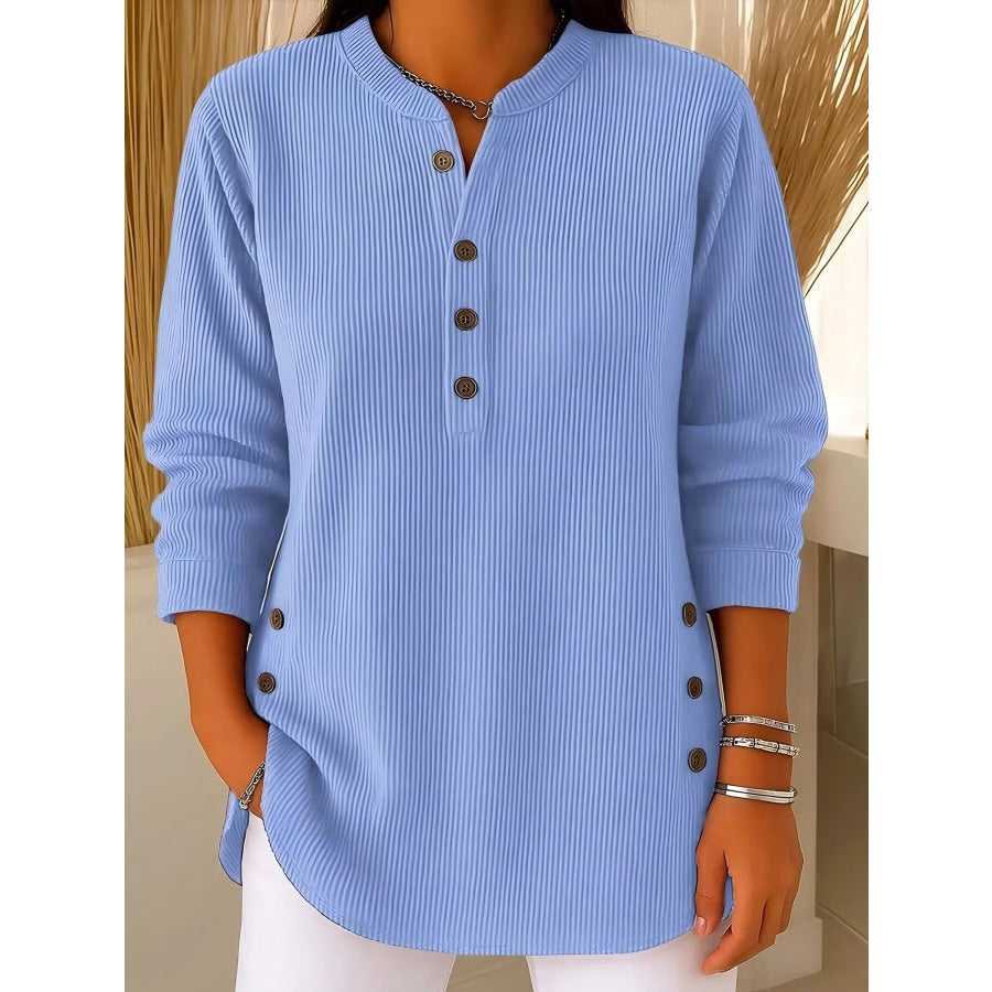 Full Size Ribbed Half Button Henley Top Plus Size Blue / S Apparel and Accessories