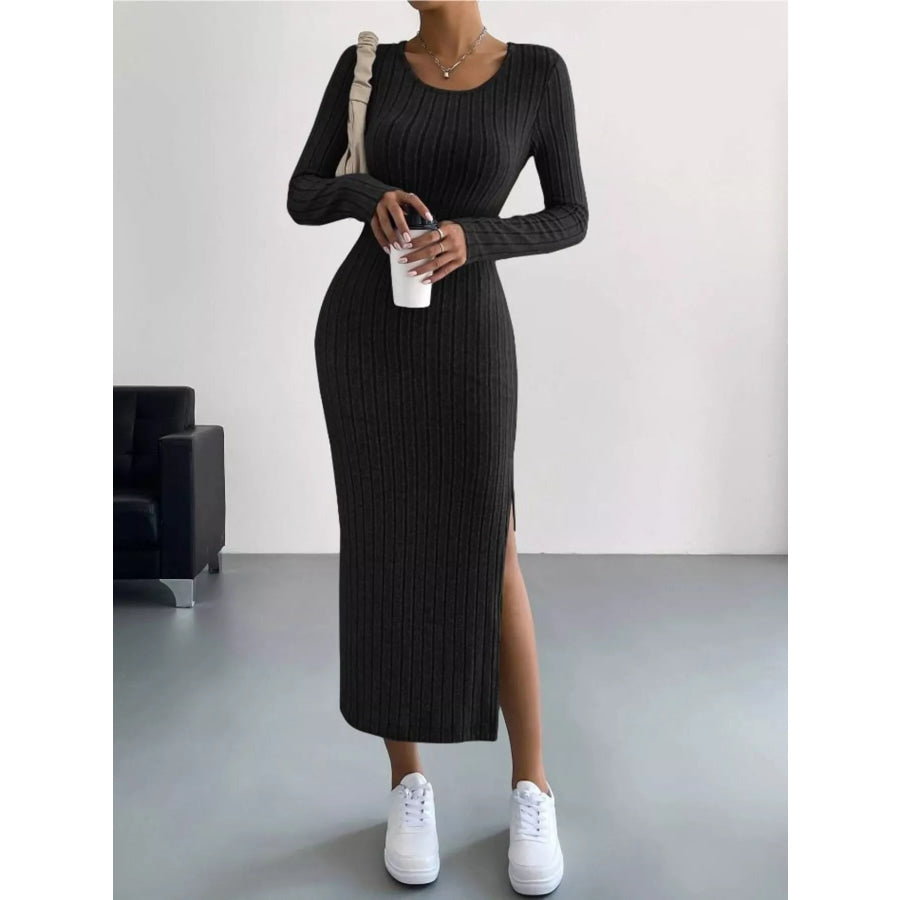 Full Size Ribbed Knit Bodycon Midi Dress Plus Size Black / S Apparel and Accessories