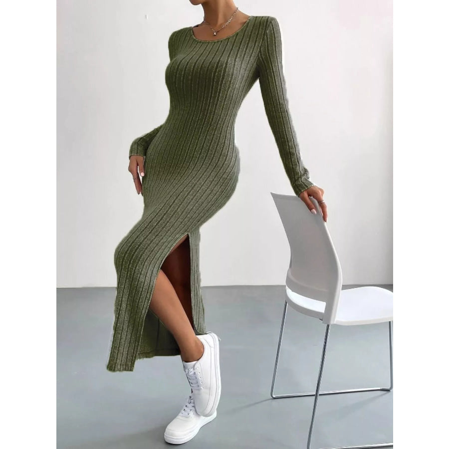 Full Size Ribbed Knit Bodycon Midi Dress Plus Size Army Green / S Apparel and Accessories