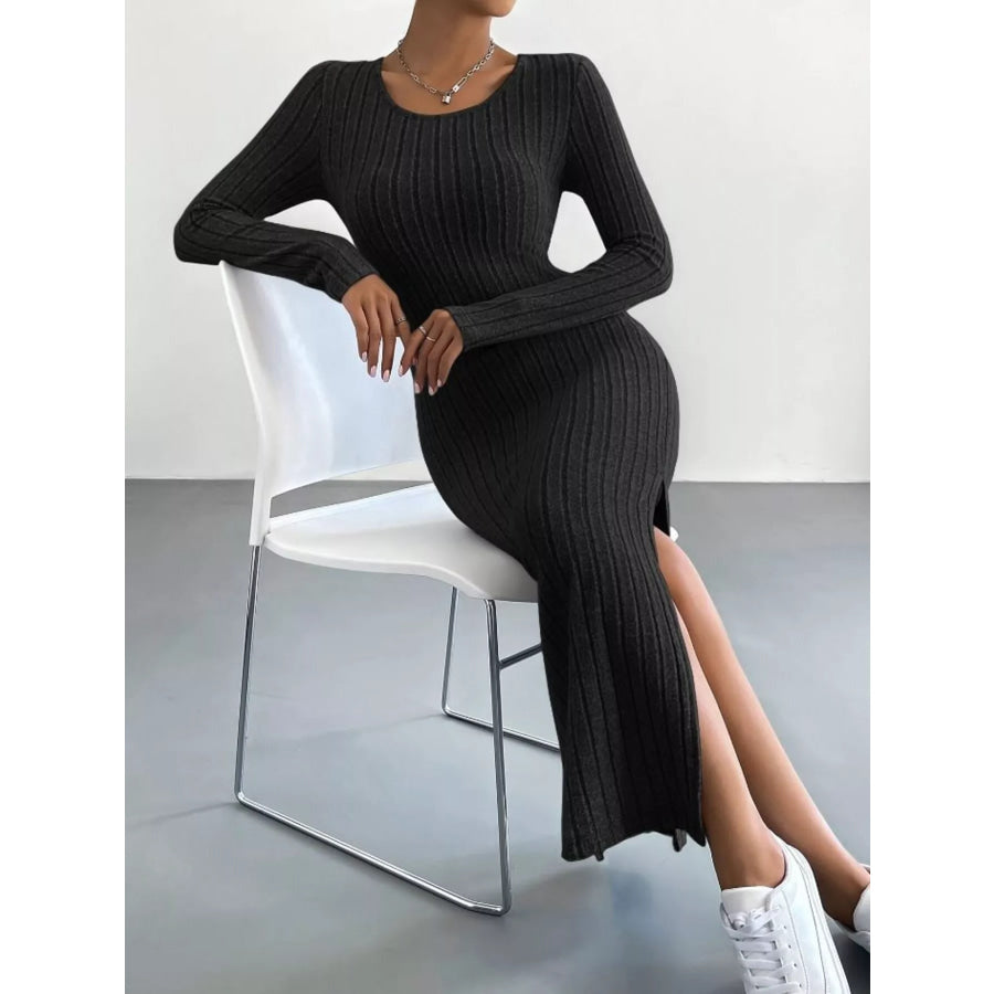 Full Size Ribbed Knit Bodycon Midi Dress Plus Size Black / S Apparel and Accessories