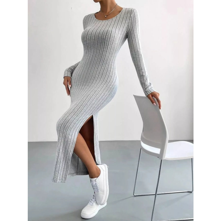 Full Size Ribbed Knit Bodycon Midi Dress Plus Size Light Gray / S Apparel and Accessories