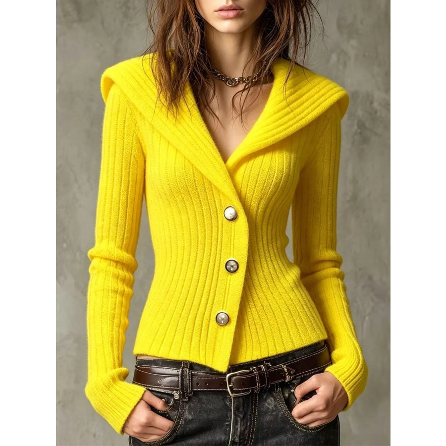 Full Size Ribbed Knit Button-Down Front Cardigan Plus Canary Yellow / S Apparel and Accessories