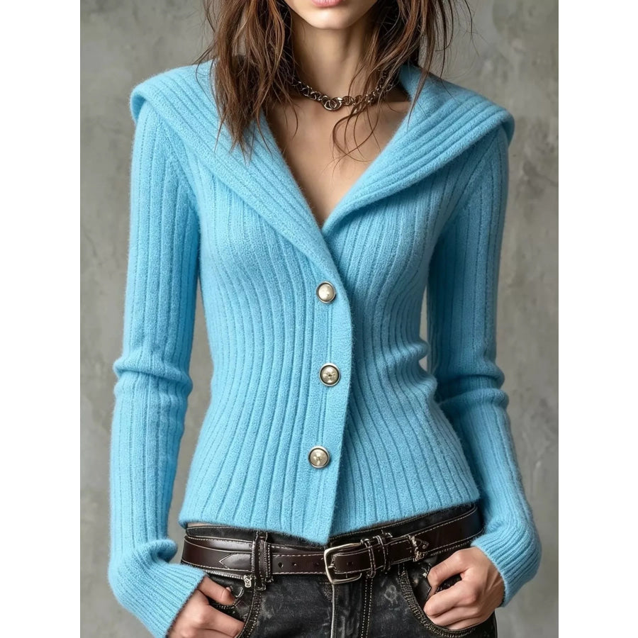 Full Size Ribbed Knit Button-Down Front Cardigan Plus Cerulean / S Apparel and Accessories