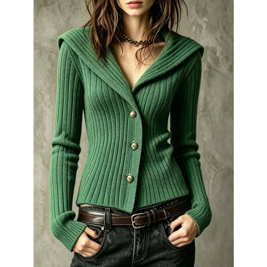 Full Size Ribbed Knit Button-Down Front Cardigan Plus Green / S Apparel and Accessories