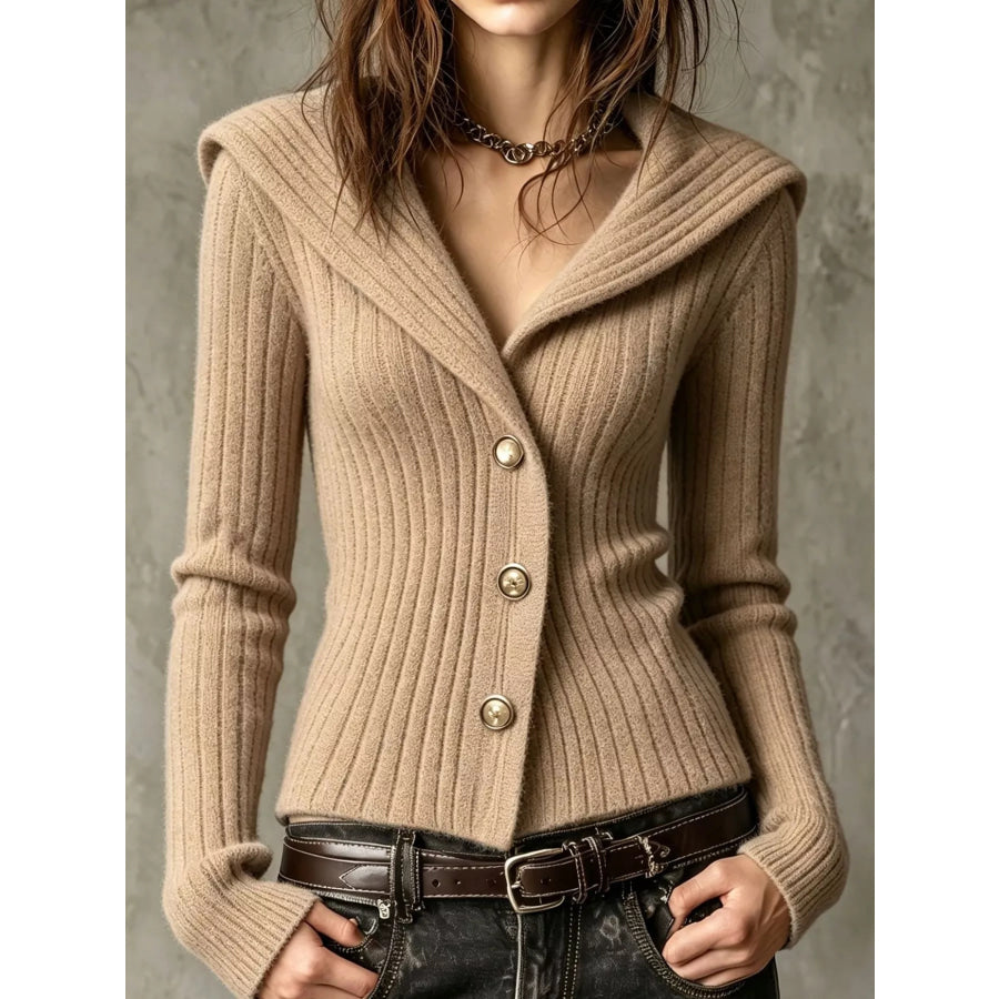 Full Size Ribbed Knit Button-Down Front Cardigan Plus Mocha / S Apparel and Accessories