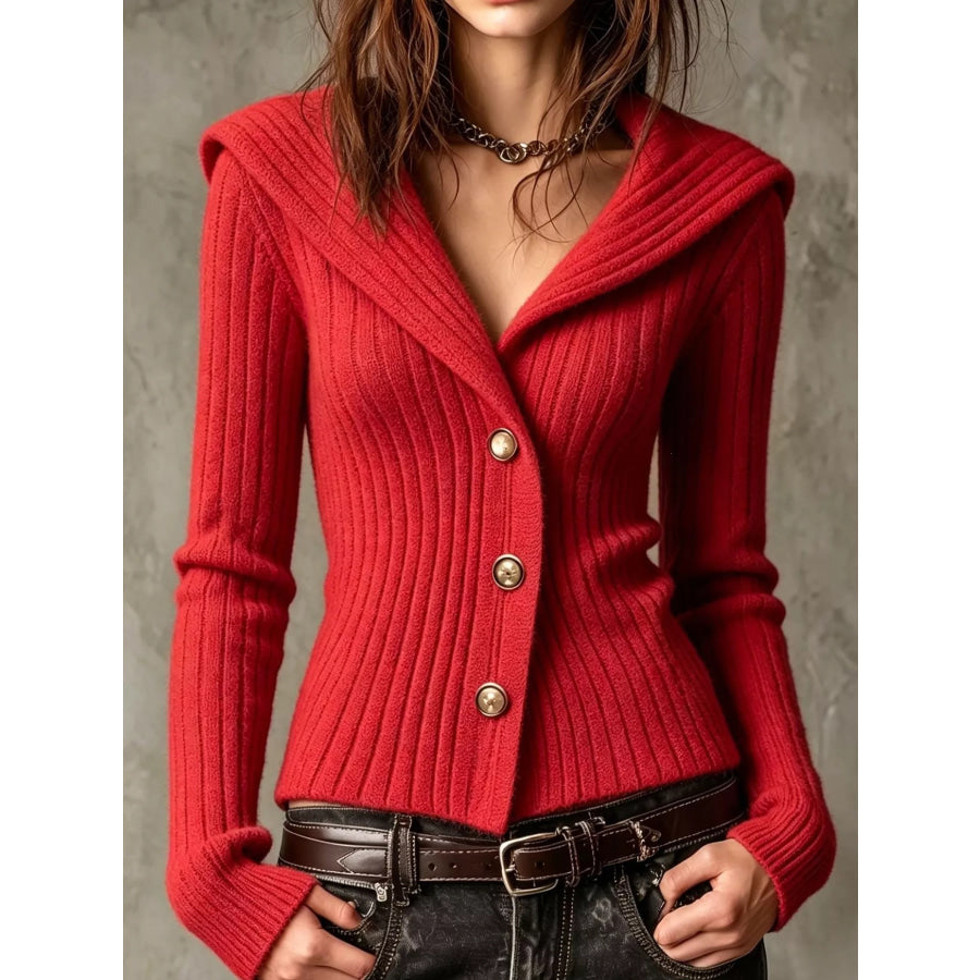 Full Size Ribbed Knit Button-Down Front Cardigan Plus Scarlet / S Apparel and Accessories