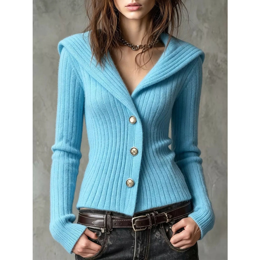 Full Size Ribbed Knit Button-Down Front Cardigan Plus Sky Blue / S Apparel and Accessories