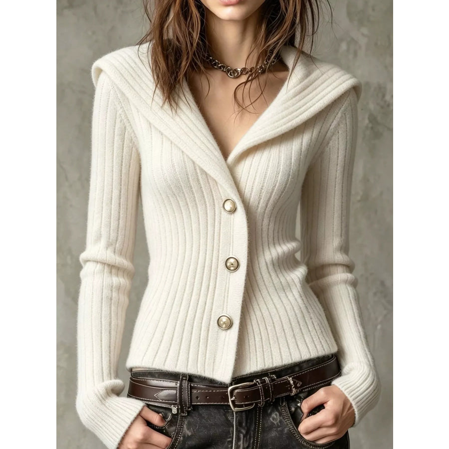 Full Size Ribbed Knit Button-Down Front Cardigan Plus White / S Apparel and Accessories