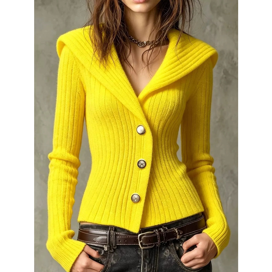 Full Size Ribbed Knit Button-Down Front Cardigan Plus Yellow / S Apparel and Accessories