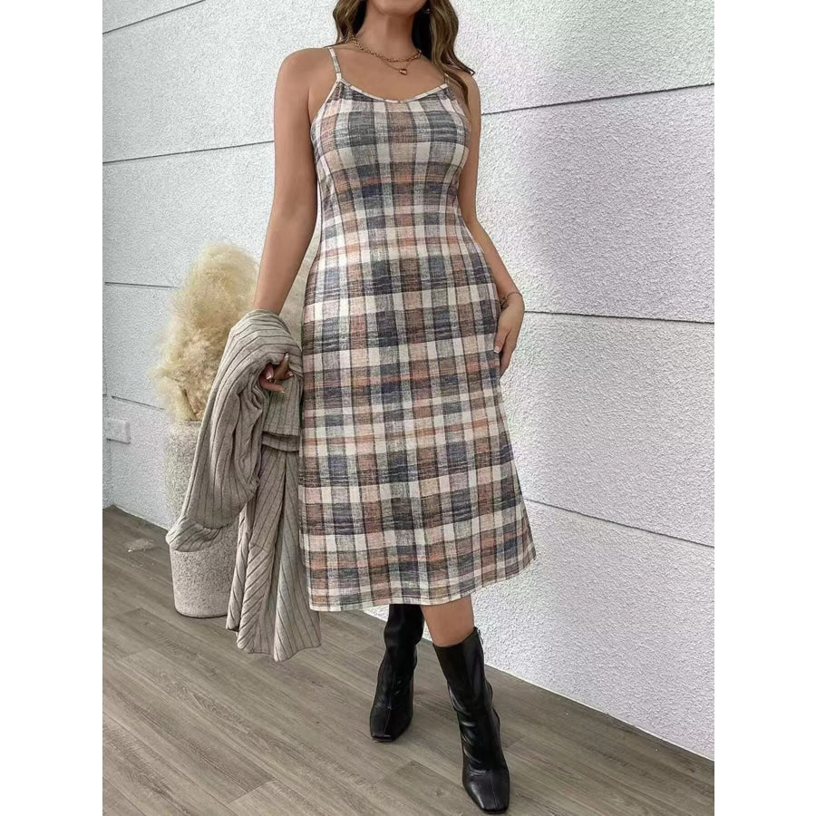 Full Size Ribbed Knit Cardigan and Plaid Dress Two-Piece Set Plus Size Apparel and Accessories