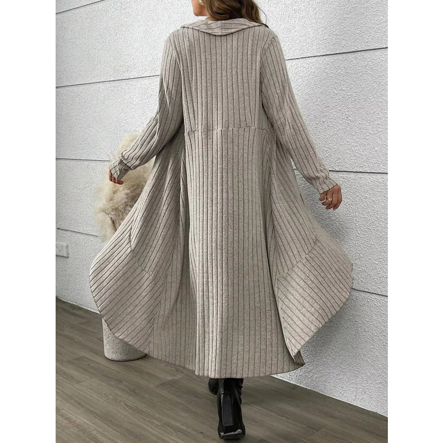 Full Size Ribbed Knit Cardigan and Plaid Dress Two-Piece Set Plus Size Apparel and Accessories