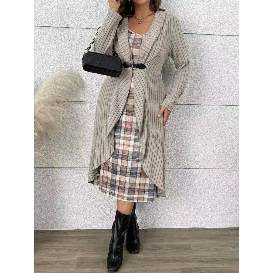 Full Size Ribbed Knit Cardigan and Plaid Dress Two-Piece Set Plus Size Apparel and Accessories