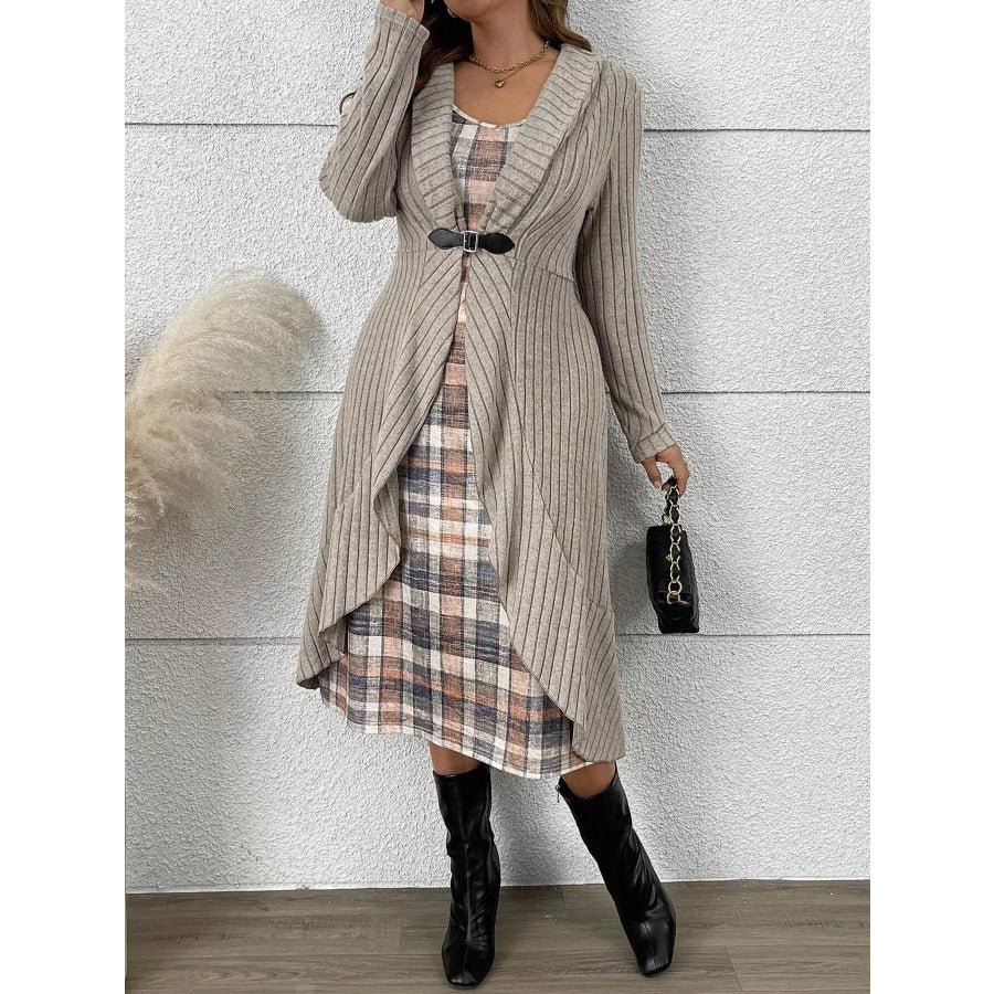 Full Size Ribbed Knit Cardigan and Plaid Dress Two-Piece Set Plus Size Light Gray / S Apparel and Accessories