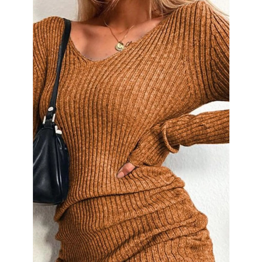 Full Size Ribbed Knit Drawstring Bodycon Sweater Dress Plus Size Apparel and Accessories