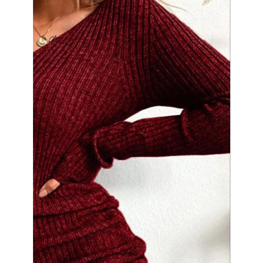 Full Size Ribbed Knit Drawstring Bodycon Sweater Dress Plus Size Apparel and Accessories